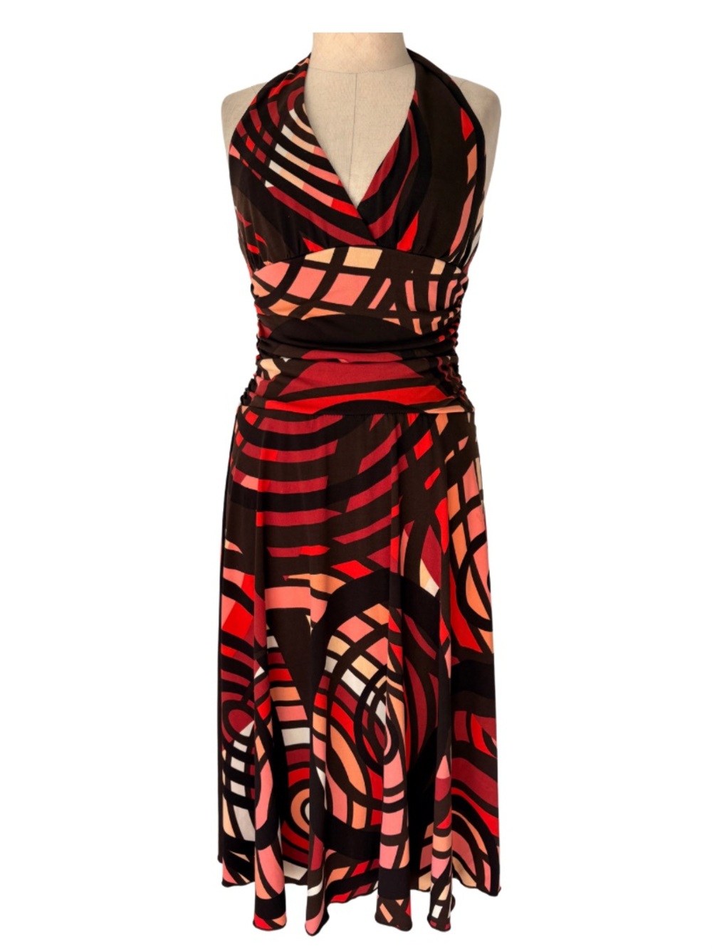 VTG Y2K My Michelle Halter Neck Dress Knee Length Stretchy M Brown Red Abstract